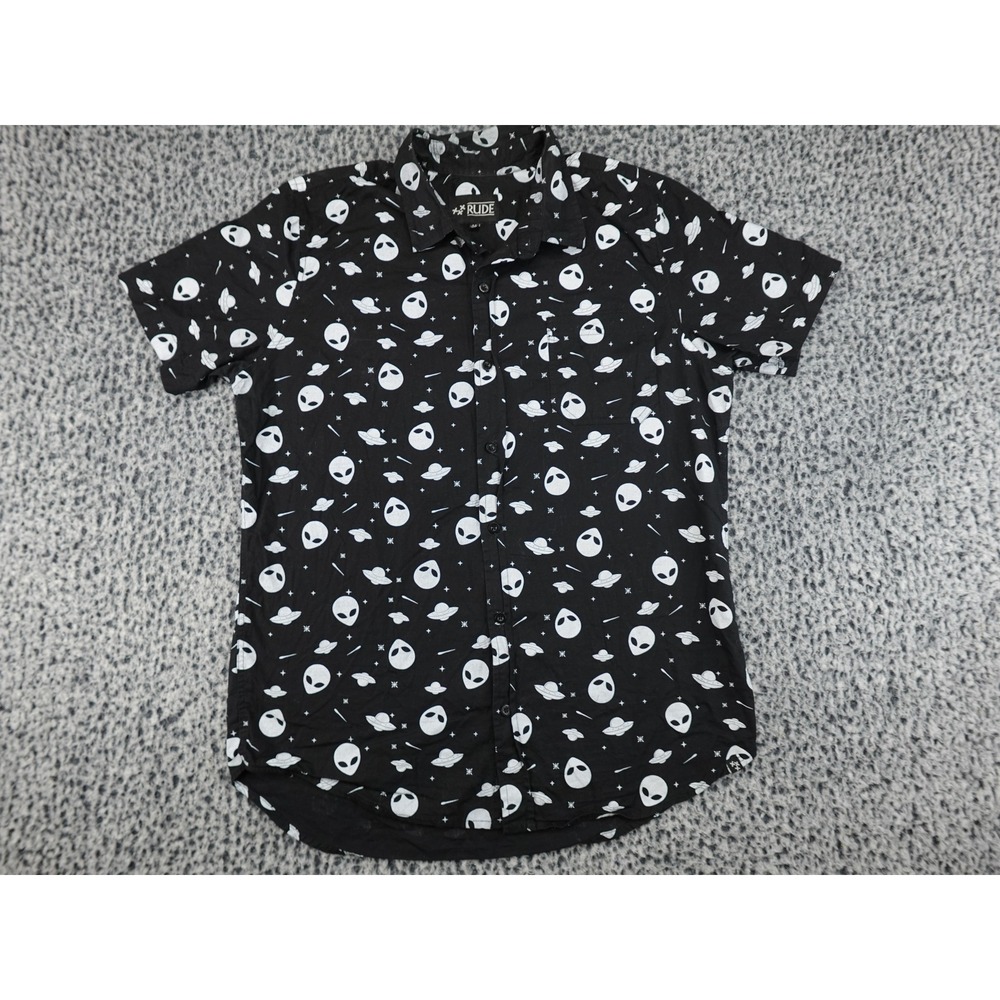 Rude‎ Button Down Shirt Mens Medium Black Alien UFO Space Print SS Novelty